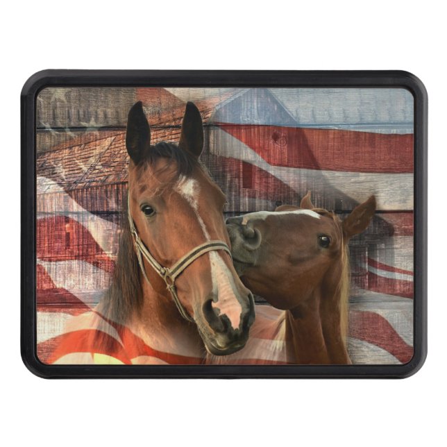 Horse Rustic Barn American Flag Trailer Hitch Cover (Front)