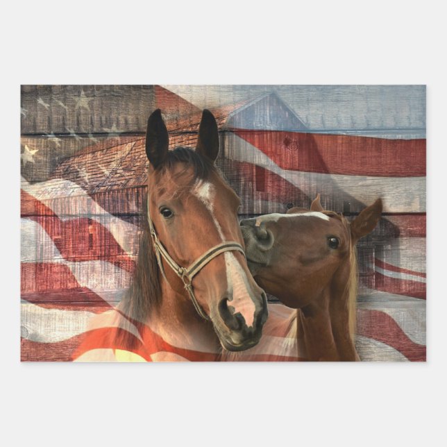 Horse Rustic Barn American Flag Wrapping Paper Sheet (Front)