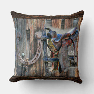 Horse Saddle Horseshoe Rustic Western Throw Pillow