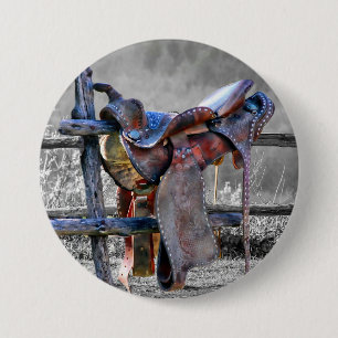 Horse Saddle On Corral Fence Western 3 Inch Round Button
