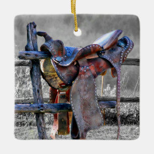 Horse Saddle On Corral Fence Western Ceramic Ornament