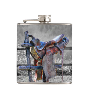 Horse Saddle On Corral Fence Western Hip Flask