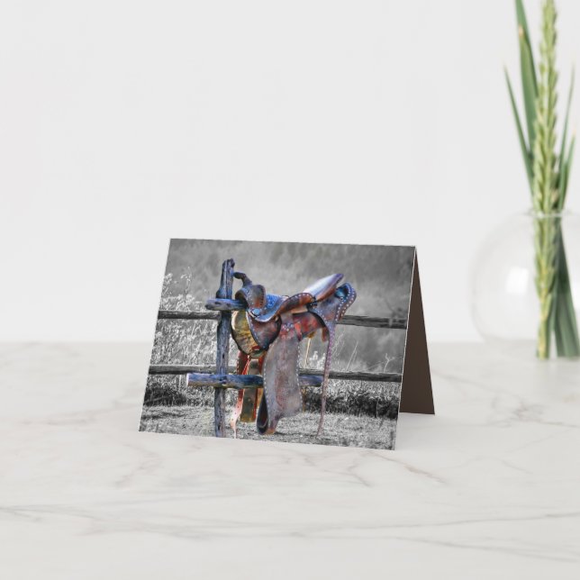 Horse Saddle On Corral Fence Western Note Card (Front)