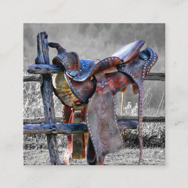 Horse Saddle On Corral Fence Western Square Business Card (Front)