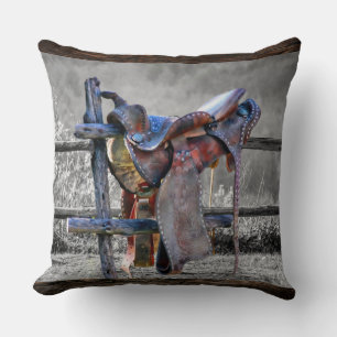Horse Saddle On Corral Fence Western Throw Pillow