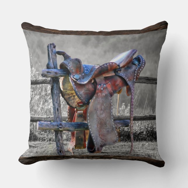 Horse Saddle On Corral Fence Western Throw Pillow (Front)