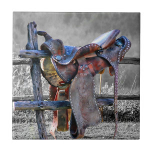 Horse Saddle On Corral Fence Western Tile