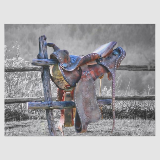 Horse Saddle On Corral Fence Western Tissue Paper (Front)