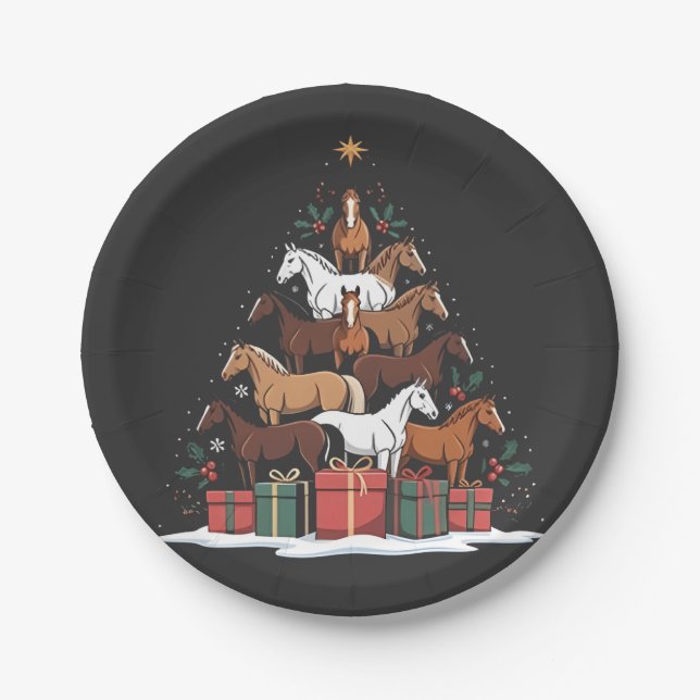 Horse Shaped Christmas Tree Equine Xmas  Paper Plate (Front)