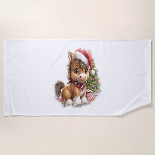 Horse Shirt Christmas Santa Hat Beach Towel (Front)