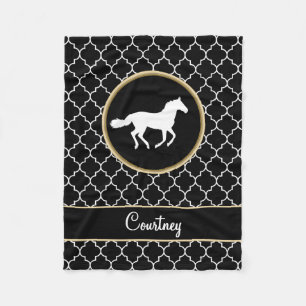 Horse Silhouette Black White Quatrefoil with Name Fleece Blanket