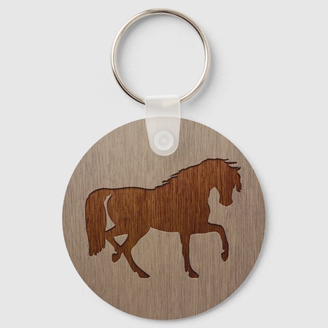 Horse silhouette engraved on wood effect keychain (Front)