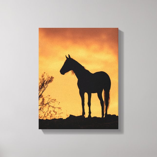 Horse Silhouette Fiery Sunset Sky Art Canvas Print (Front)
