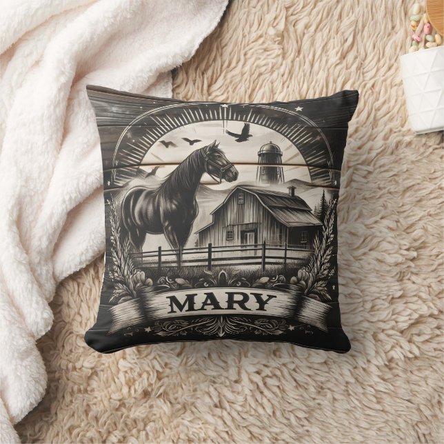 Horse Silhouette Near Barn With Sun Rays and Name Throw Pillow (Blanket)