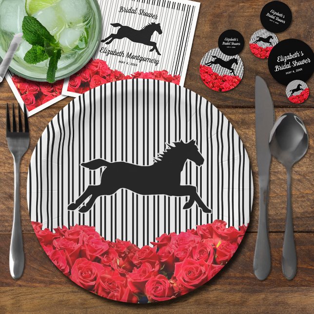 Horse Silhouette Red Roses Derby Bridal Shower Paper Plate (Derby bridal shower plates, napkins and confetti dots all sold separately in our collection.)