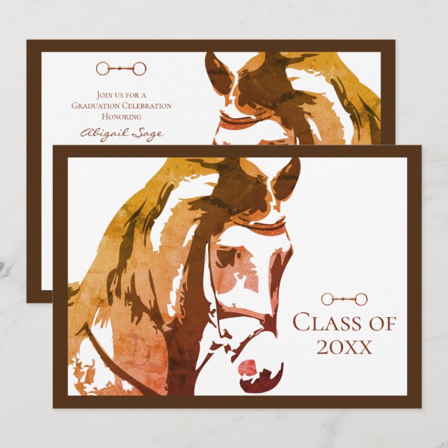Horse Sketch and Snaffle Bit, Brown Graduation Invitation (Front/Back)