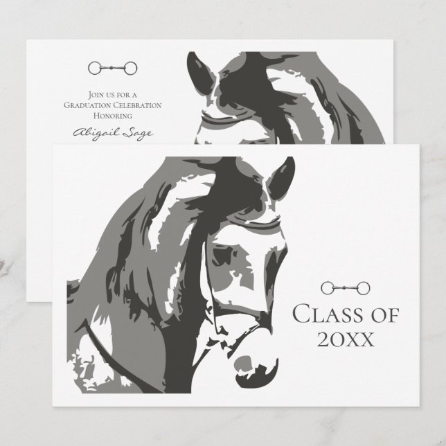Horse Sketch and Snaffle Bit, Grey Graduation Invitation (Front/Back)