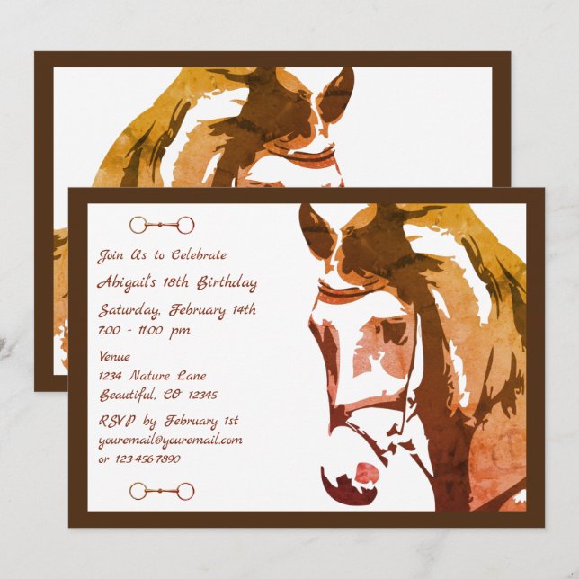 Horse Sketch and Snaffle Bit in Brown Birthday Invitation (Front/Back)