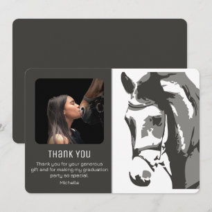 Horse Sketch Modern Grey White Graduation PHOTO Thank You Card