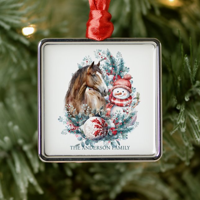 Horse snowman Christmas watercolor elegant Metal Ornament (Tree)