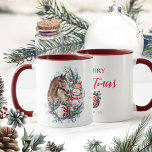 Horse snowman Christmas watercolor elegant Mug<br><div class="desc">Horse and snowman personalized Christmas design with elegant Christmas wreath and beautiful white and red ornament for horse lovers. Personalize it on the back.</div>