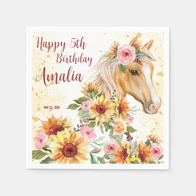 Horse sunflowers birthday party personalized napkin (Front)