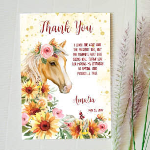 Horse sunflowers cowgirl birthday thank you card