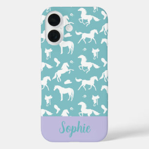 Horse Teal Pattern Rider Custom Name  iPhone 16 Case