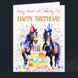 Horse themed birthday party funny elegant card<br><div class="desc">Horse themed birthday party elegant happy birthday greeting card,  a horses in a party hats balloons cake and colourful confetti around</div>