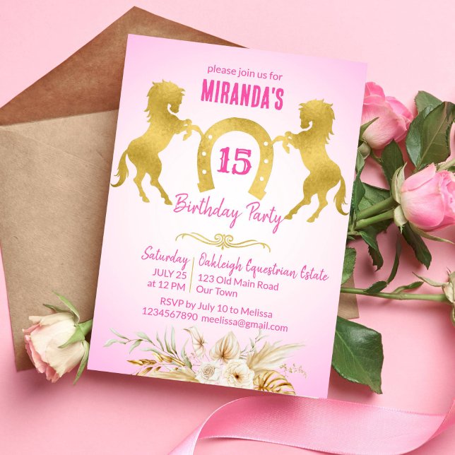 Horse themed birthday party pink and gold invitation (Horse themed birthday party invitation pink and gold horses gold flowers equestrian party invite)
