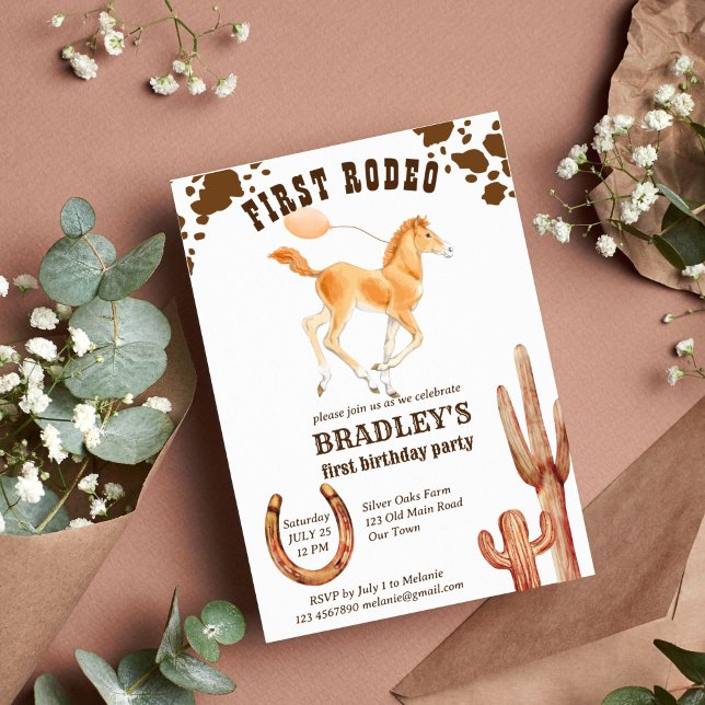 Horse themed first rodeo western birthday party invitation (First rodeo cowboy western birthday party invitation template)