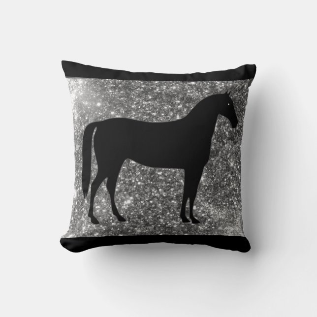 Horse Throw Pillow in Black & Silver Sparkle (Front)