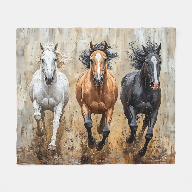 Horse Trio Galloping Painting Fleece Blanket (Front (Horizontal))