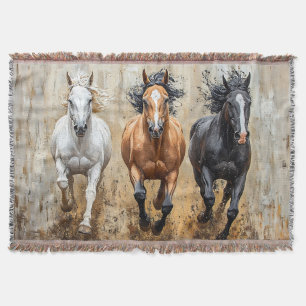 Horse Trio Galloping Painting Throw Blanket