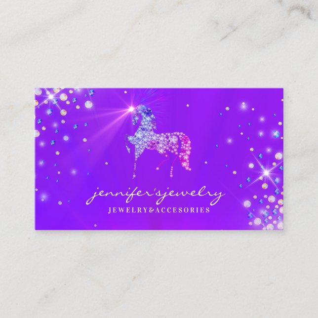 Horse Unicorn Diamonds Purple Business Card (Front)
