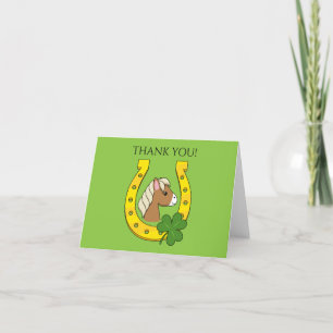 Horse w Golden Horse Shoe, Shamrock   Personalize Thank You Card