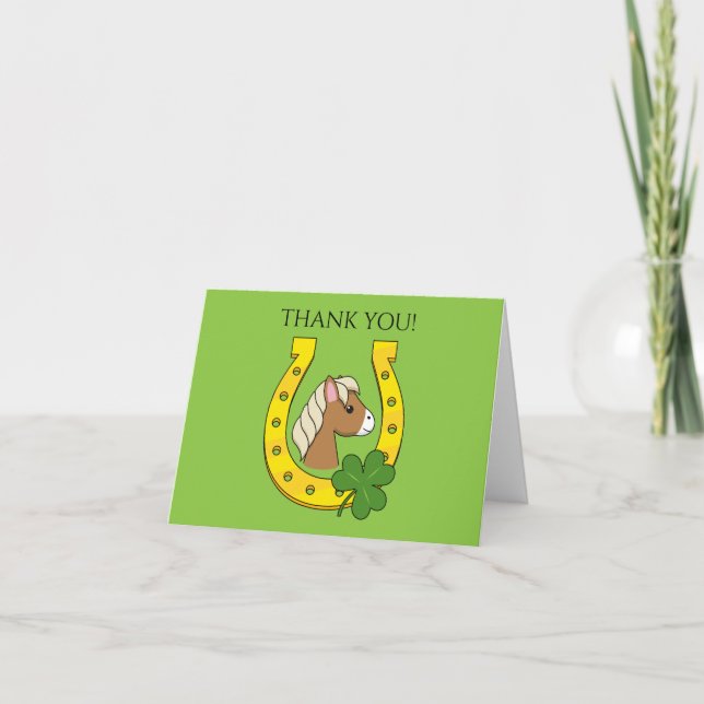 Horse w Golden Horse Shoe, Shamrock | Personalize Thank You Card (Front)