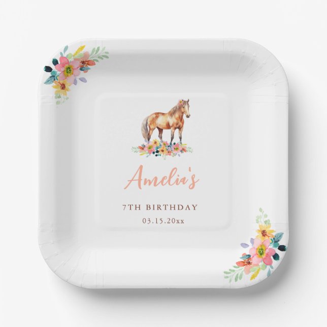 Horse Watercolor Birthday Party Pony Paper Plate (Front)