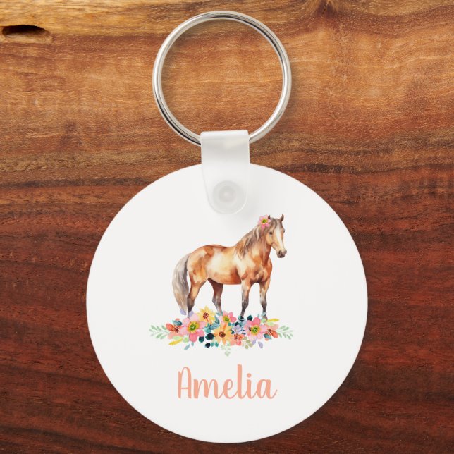 Horse Watercolor Pink Kids Name Pony  Keychain (Front)