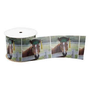 Horse Wearing a Green Graduation Cap Satin Ribbon