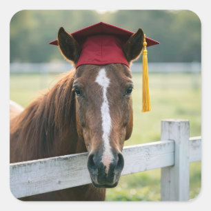 Horse Wearing a Red Graduation Cap Square Sticker