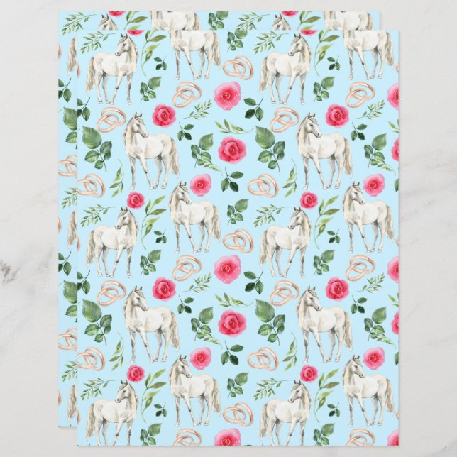 Horse Wedding Scrapbook Paper in Blue (Front/Back)