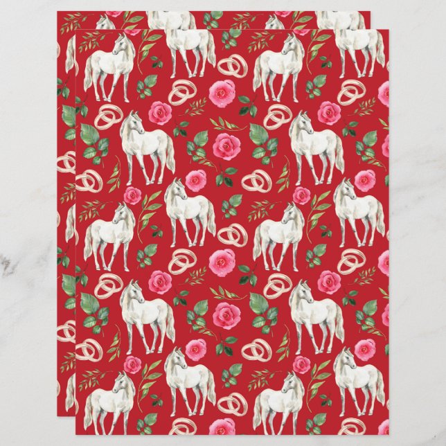 Horse Wedding Scrapbook Paper in Red (Front/Back)
