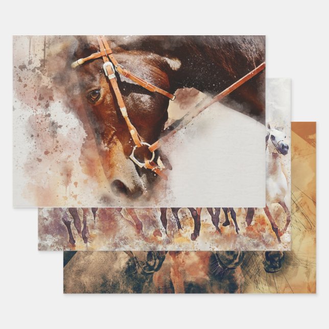 Horse Western Decoupage Watercolor Art  Wrapping Paper Sheet (Set)