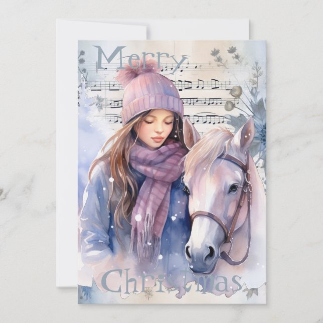 Horse Winter Christmas Watercolor Holiday Card (Front)