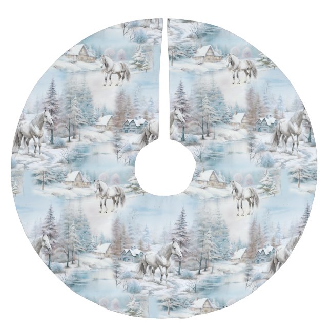 Horse winter pattern snowy forest scenery brushed polyester tree skirt (Front)