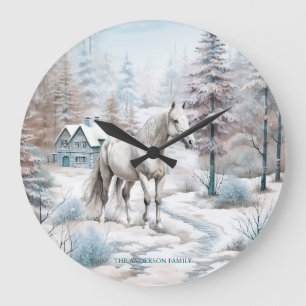 Horse winter scene snow forest Christmas Large Clock