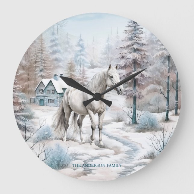 Horse winter scene snow forest Christmas Large Clock (Front)