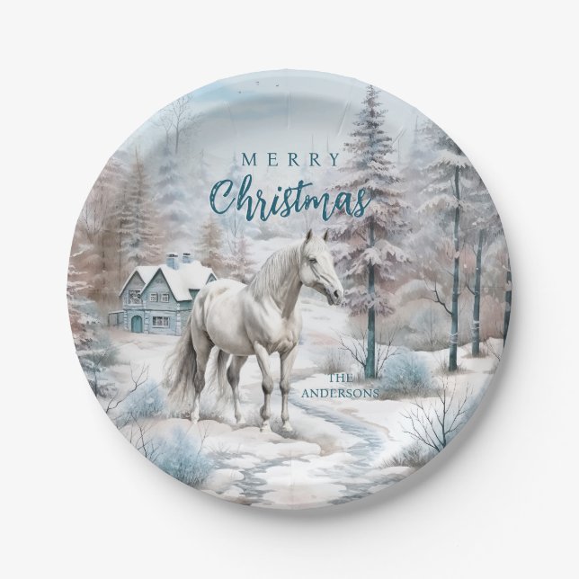 Horse winter scene snow forest Christmas Paper Plate (Front)