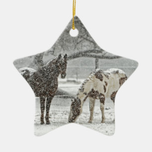horse winter snow farm ranch animals snowy frozen ceramic ornament